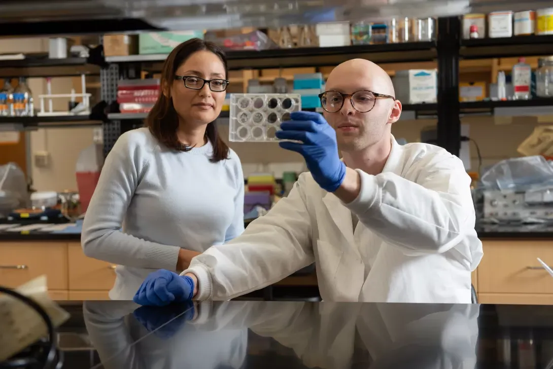 Student in biology lab showing experiment to instructor